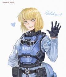  1girl absurdres ammunition_belt ammunition_pouch artist_name belt black_gloves blonde_hair blue_eyes bulletproof_vest gloves goggles goggles_around_neck helldivers_(series) helmet highres looking_to_the_side military_uniform pouch seaf_soldier_(helldivers) sentron short_hair simple_background smile solo sweat waving white_background 