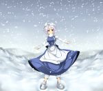  1girl blue_eyes breasts harusame_(unmei_no_ikasumi) hat highres large_breasts letty_whiterock outstretched_arms short_hair smile snow solo spread_arms touhou white_hair 