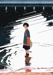  1girl absurdres bag black_hair black_shorts futsuu_no_keion-bu grey_shirt hair_ornament hairpin hashtag-only_commentary highres kouyama_rin layered_sleeves long_sleeves looking_at_viewer no_lineart outdoors parted_bangs pixie_cut plaid_clothes plaid_shirt red_shirt reflection reflective_water ripples river sakutaro_(39ar_39ca) shirt short_hair short_over_long_sleeves short_sleeves shorts shoulder_bag solo tomboy wading water 