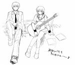  bottle guitar instrument iwasawa kirishita_yuuji monochrome otonashi_(angel_beats!) school_uniform serafuku short_hair sleeves_rolled_up 