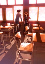  black_thighhighs brown_hair classroom closed_eyes eyes_closed highres long_hair original school_desk shoes skirt thigh-highs thighhighs tsurusaki_yuu uwabaki 