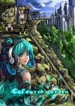  aqua_hair bare_shoulders blue_sky building city cloud clouds detached_sleeves english hatsune_miku headphones highres kagamine_len kagamine_rin looking_back sitting sky stairs standing sukya turnaround twintails vocaloid 