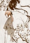  1girl cherry_blossoms couple highres himura_kenshin japanese_clothes kamiya_kaoru katana kimono male ponytail ruby20516 rurouni_kenshin sakura samurai scar sepia sword weapon 