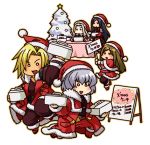  3boys alucard cake castlevania castlevania:_harmony_of_despair castlevania:_portrait_of_ruin charlotte_aulin chibi christmas christmas_tree food hat jinny jonathan_morris multiple_boys multiple_girls santa_costume santa_hat shanoa soma_cruz 