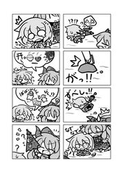  !? &gt;_&lt; /\/\/\ 4koma :d =_= ? anger_vein bow bowl chopsticks comic faceplant fang flapping food geta hair_bow hakurei_reimu horns ibuki_suika karakasa_obake lightbulb monochrome multiple_4koma o_o open_mouth rice shaking_head silent_comic smile stomach_growling sweatdrop tatara_kogasa tears torii touhou tripping umbrella yanagi_(artist) yanagi_(nurikoboshi) 