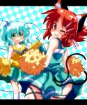  alternate_hairstyle animal_ears blue_hair cat_ears cat_tail cheerleader fang gin_(shioyude) gin_946 green_eyes hair_bobbles hair_ornament hairclip kaenbyou_rin kanzashi komeiji_koishi letterboxed multiple_girls multiple_tails pom_poms red_eyes red_hair side_ponytail tail touhou wink 