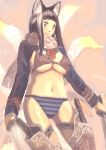  bad_id bikini black_eyes black_hair breasts dual_wielding flintlock gun katana large_breasts long_hair navel original pistol scarf solo striped striped_bikini striped_swimsuit swimsuit sword teikoku_shounen under_boob underboob weapon 