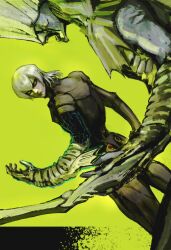  2boys arm_blade bodysuit demon_(megami_tensei) digital_devil_saga dual_persona glowing glowing_eyes green_background green_light grey_bodysuit grey_hair hand_up highres kyezzzz looking_at_viewer male_focus medium_hair multiple_boys no_eyes open_mouth serious serph solo_focus transformation varuna_(digital_devil_saga) weapon 