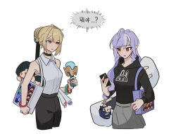  2girls astra_yao bare_arms belle_(zenless_zone_zero) black_choker black_hoodie black_pants blonde_hair bracelet cellphone choker collared_shirt commentary_request dakimakura_(object) evelyn_chevalier grey_skirt hair_bun highres holding holding_lightstick holding_phone hood hoodie itabag jewelry korean_commentary korean_text mizmizu27 multiple_girls pants parted_lips phone pillow pleated_skirt pointy_ears purple_hair red_eyes shirt skirt sleeveless sleeveless_shirt smartphone speech_bubble translation_request violet_eyes vivian_banshee white_shirt zenless_zone_zero 