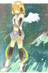  alitou angel_wings bad_id blonde_hair closed_eyes detached_sleeves eyes_closed fingerless_gloves gloves hair_ornament hair_ribbon hairclip headphones kagamine_rin kagamine_rin_(append) open_mouth rectangle ribbon short_hair shorts solo standing thigh-highs thighhighs vocaloid vocaloid_append wings 