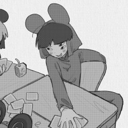  3boys card commentary_request desk extra_eyes grey_background greyscale highres juice_box kinder_surprised_michael_jr. male_focus monochrome mouse_hat multiple_boys playing_card randal&#039;s_friends ratman_3_(randal&#039;s_friends) ratman_4_(randal&#039;s_friends) shieriru short_hair sitting 