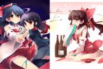  bottle bow brown_hair detached_sleeves hair_bow hakurei_reimu houjuu_nue midriff ofuda ponytail red_eyes sakazuki shin_(new) sitting skirt touhou wariza yellow_eyes 