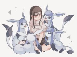  1boy bandaged_arm bandaged_leg bandages black_hair black_headband black_shorts commentary_request crossover forehead_protector frown glaceon grey_hair headband hyuuga_neji indian_style konohagakure_symbol long_hair male_focus naruto naruto_(series) pokemon pokemon_(creature) shorts sidelocks sitting usao_(313131) violet_eyes 