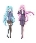  business_suit finger_to_face formal hatsune_miku kodama_naoko long_hair megurine_luka mirror pantyhose pink_hair school_uniform simple_background skirt_suit suit thigh-highs thighhighs twintails very_long_hair vocaloid zettai_ryouiki 