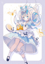  1girl alice_(alice_in_wonderland) alice_in_wonderland apron aqua_eyes aqua_hair black_shoes blonde_hair blue_dress dress full_body highres multicolored_hair original shoes socks solo two-tone_hair wakuseiy white_apron white_socks 