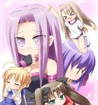  &gt;_&lt; 5girls =_= blonde_hair bow brown_hair chibi fate/stay_night fate_(series) female green_eyes hair_bow hair_ribbon illyasviel_von_einzbern katami_shinta matou_sakura multiple_girls purple_eyes purple_hair ribbon rider saber silver_hair tohsaka_rin toosaka_rin twintails violet_eyes 