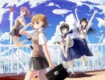  bag black_hair blimp blush brown_hair cat cloud clouds dirigible flower hair_flower hair_ornament hareno_chiame head_wreath jumping long_hair misaka_mikoto open_mouth saten_ruiko school_bag school_uniform serafuku shirai_kuroko short_hair skirt skirt_flip sky sweater_vest to_aru_kagaku_no_railgun to_aru_majutsu_no_index twintails uiharu_kazari wind_turbine windmill 