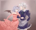  bare_shoulders bat_wings blue_hair braid dress eke elbow_gloves gloves izayoi_sakuya lipstick lipstick_mark locked_arms maid maid_headdress makeup multiple_girls red_eyes red_lipstick remilia_scarlet short_hair silver_hair tiara touhou wings wink 