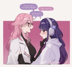  2girls animal_ears black_gloves black_shirt blush coat commentary elbow_gloves english_commentary english_text fang flower fox_ears genshin_impact glasses gloves hair_flower hair_ornament hand_on_another's_chin headphones heart hood hoodie long_hair looking_at_another multiple_girls nonons open_mouth pink_background pink_hair purple_flower purple_hair raiden_shogun shirt smile speech_bubble twitter_username two-tone_background violet_eyes white_background white_coat white_hoodie yae_miko yuri 
