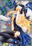  armpits arms_up blonde_hair blue_eyes boots bracelet breasts center_opening christmas cleavage colored_pencil_(medium) elbow_gloves garter_straps gloves hat jewelry legs lying macross macross_frontier marker_(medium) on_side saotome_alto sheryl_nome sideboob thigh-highs thigh_boots thighhighs thighs traditional_media yukaxcat 