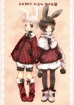  animal_ears black_hair boots bow bunny_ears checkered coat ech hand_holding highres holding_hands multiple_girls open_mouth original pantyhose pun red_eyes scarf short_hair shorts smile standing white_hair 