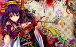  bell highres japanese_clothes kimono long_hair misaki_kurehito pipe purple_eyes purple_hair ribbon snyp 