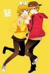  :q backwards_hat bad_id baseball_cap blonde_hair blue_eyes brother_and_sister casual couple earrings hair_bow hair_ornament hair_ribbon hairclip hat highres holding_hands hoodie jewelry juvenile_(vocaloid) kagamine_len kagamine_rin komine pantyhose red_string ribbon shoes short_hair siblings sneakers string tongue twins vocaloid yellow 