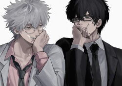  2boys black_jacket black_necktie cigarette collarbone collared_shirt formal_clothes gintama glasses green_necktie highres hijikata_toushirou holding holding_cigarette jacket lab_coat long_sleeves messy_hair multiple_boys necktie official_alternate_costume pink_shirt sakata_gintoki shirt smoking white_shirt wing_collar xi_hsi 
