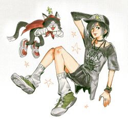  1girl asymmetrical_arms baseball_cap black_choker black_fur black_shoes bracelet cait_sith_(final_fantasy) cape cat choker final_fantasy final_fantasy_vii floating full_body gloves green_shoes hair_between_eyes hat jeremr jewelry looking_at_viewer loose_socks mini_hat multiple_bracelets multiple_rings necklace one_eye_closed print_shirt red_cape red_shoes ring sabotender shirt shoes short_hair sneakers socks tongue tongue_out tuxedo_cat two-tone_fur white_fur white_gloves white_socks yuffie_kisaragi 