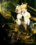  arm_warmers bad_id bare_shoulders blonde_hair bow brother_and_sister detached_sleeves hair_bow hair_ornament hairclip headphones highres kagamine_len kagamine_len_(append) kagamine_rin kagamine_rin_(append) kurage short_hair shorts siblings transparent twins vest vocaloid vocaloid_append 