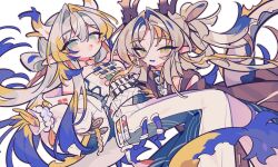  1boy 1girl arknights bead_bracelet beads black_coat blonde_hair blue_eyes blush bracelet carrying carrying_person coat colored_skin colored_tongue commentary dragon_boy dragon_girl dragon_horns dragon_tail earrings feet_out_of_frame green_eyes grey_hair highres horns jacket jewelry ji_(arknights) long_hair looking_at_viewer multicolored_hair necklace off_shoulder open_mouth pants pointy_ears shu_(arknights) simple_background smile strapless tail tassel tassel_earrings tube_top upper_body very_long_hair white_background white_jacket white_pants white_tube_top yellow_skin ym_dpl 