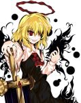  adesa alphes_(style) blonde_hair darkness ex-rumia hair_over_one_eye hair_ribbon halo highres nawakakeru open_mouth parody red_eyes ribbon rumia smile solo style_parody sword the_embodiment_of_scarlet_devil touhou transparent_background weapon wings youkai 