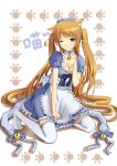  bell blue_eyes breasts brown_hair cat_ears cat_pose cleavage copyright_request highres jeffery_(backam) long_hair maid paw_pose solo thigh-highs thighhighs very_long_hair wink 