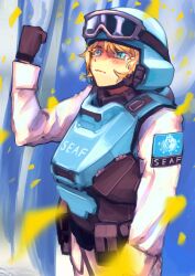  1girl absurdres armor black_gloves blonde_hair blue_background blue_eyes blue_helmet clenched_hand closed_mouth combat_helmet commentary english_commentary gloves goggles goggles_on_headwear helldivers_(series) helmet highres jacket military nerojiin seaf_soldier_(helldivers) short_hair solo super_earth_salute_(helldivers) white_jacket 