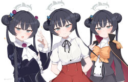  1girl :d arms_behind_back black_cape black_dress black_hair black_ribbon blue_archive blush bow brown_bow butterfly_hair_ornament cape closed_mouth collared_shirt commentary_request cosplay cosplay_request double_bun dress dress_shirt epaulettes frilled_sleeves frills gokou_ruri gokou_ruri_(cosplay) gothic_lolita grey_eyes grey_jacket grey_skirt hair_bun hair_ornament halo jacket juliet_sleeves kisaki_(blue_archive) lolita_fashion long_hair long_sleeves mayoi_neko_overrun! multiple_views neck_ribbon noa_yj ore_no_imouto_ga_konna_ni_kawaii_wake_ga_nai pleated_skirt puffy_short_sleeves puffy_sleeves red_skirt ribbon school_uniform shirt short_sleeves skirt sleeves_past_wrists smile twintails very_long_hair white_shirt wide_sleeves 