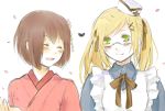  2girls apron axis_powers_hetalia bangs blonde_hair blunt_bangs blush brown_hair closed_eyes dress flower genderswap glasses green_eyes hair_flower hair_ornament hair_ribbon hat japan_(hetalia) japanese_clothes kimono long_hair multiple_girls nurse parted_bangs ribbon short_hair sumaki twintails united_kingdom_(hetalia) 