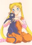  bishoujo_senshi_sailor_moon blonde_hair blue_eyes cat footwear kazu. luna_(sailor_moon) official_art overalls smile socks tsukino_usagi twintails 