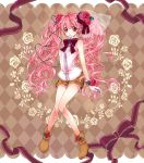  boots bow earrings flower frills hair_flower hair_ornament highres jewelry legs long_hair original pink_hair purple_eyes red_rose ribbon rose shorts sleeveless smile solo twintails violet_eyes wavy_hair white_rose wristband yuh 