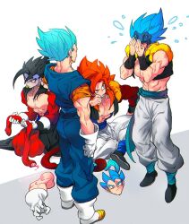  black_hair blue_eyes blue_sash closed_mouth dougi dragon_ball dragon_ball_gt dragon_ball_heroes dragon_ball_super earrings gloves gogeta highres jewelry long_hair male_focus metamoran_vest monkey_boy monkey_tail multiple_boys muscular muscular_male ommmyoh open_mouth pants potara_earrings red_fur saiyan sash sh_figuarts spiky_hair super_saiyan super_saiyan_4 super_saiyan_blue tail time_patrol_(dragon_ball) twitter_username vegetto vegetto_(xeno) wristband 