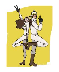  1boy 1girl black_gloves boots brown_boots brown_hair coffeetimeworks commentary earrings full_body gloves hat heart_pirates_jolly_roger highres ikkaku_(one_piece) jewelry jumpsuit long_hair one_piece pearl_earrings penguin_(one_piece) profile signature simple_background smile symbol-only_commentary white_jumpsuit yellow_background 