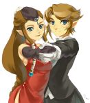  brown_hair dress earrings elbow_gloves formal gloves jewelry link long_hair lowres muse_(rainforest) pointy_ears princess_zelda red_dress short_hair simple_background suit tango the_legend_of_zelda twilight_princess 