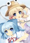  blonde_hair blue_eyes blue_hair cirno hat kumatoshi moriya_suwako multiple_girls touhou 