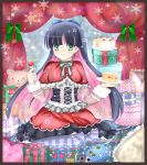  blush cake christmas earrings food fork fruit green_eyes green_ribbon hair_ribbon jewelry multicolored_hair panty_&amp;_stocking_with_garterbelt puracotte ribbon sitting smile stocking_(character) stocking_(psg) strawberry stuffed_animal stuffed_toy sweets two-tone_hair 