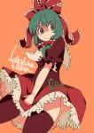  &gt;:) al_bhed_eyes bow capelet climacool06 covering covering_crotch dress frills front_ponytail green_eyes green_hair hair_bow kagiyama_hina orange_background red_dress ribbon short_hair skirt skirt_tug smile solo thigh-highs thighhighs thighs touhou 