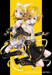  blue_eyes brother_and_sister detached_sleeves fingerless_gloves gloves hair_ornament hair_ribbon hairclip headphones highres kagamine_len kagamine_len_(append) kagamine_rin kagamine_rin_(append) leg_warmers navel ribbon sentoiro short_hair shorts siblings smile twins vocaloid vocaloid_append 