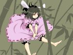 animal_ears bamboo bamboo_forest barefoot black_hair bloomers bunny_ears dress epurasu forest inaba_tewi nature red_eyes solo touhou 