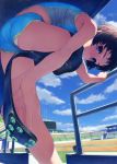  amputee ass bent_over blue_eyes brown_hair from_below gym_uniform hands looking_at_viewer midriff original panties prosthesis ringed_eyes shade short_hair shorts solo sportswear track track_and_field track_suit underwear 