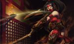  armband armor bare_shoulders black_hair breasts kama_(weapon) league_of_legends long_hair mask motion_blur ninja official_art ponytail solo taut_shirt thigh_strap weapon 