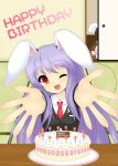  blazer bunny_ears cake crescent food inaba_tewi kumatoshi necktie outstretched_arms outstretched_hand purple_hair red_eyes reisen_udongein_inaba tatami touhou wings wink 
