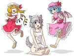  animal_ears apron ascot bat_wings blonde_hair blue_hair bottomless closed_eyes dog_ears dog_tail fang flandre_scarlet hat inu_sakuya izayoi_sakuya kemonomimi_mode maid_headdress multiple_girls naked_apron red_eyes remilia_scarlet running seiza short_hair silver_hair sitting skirt tail taishi_(moriverine) touhou wings 